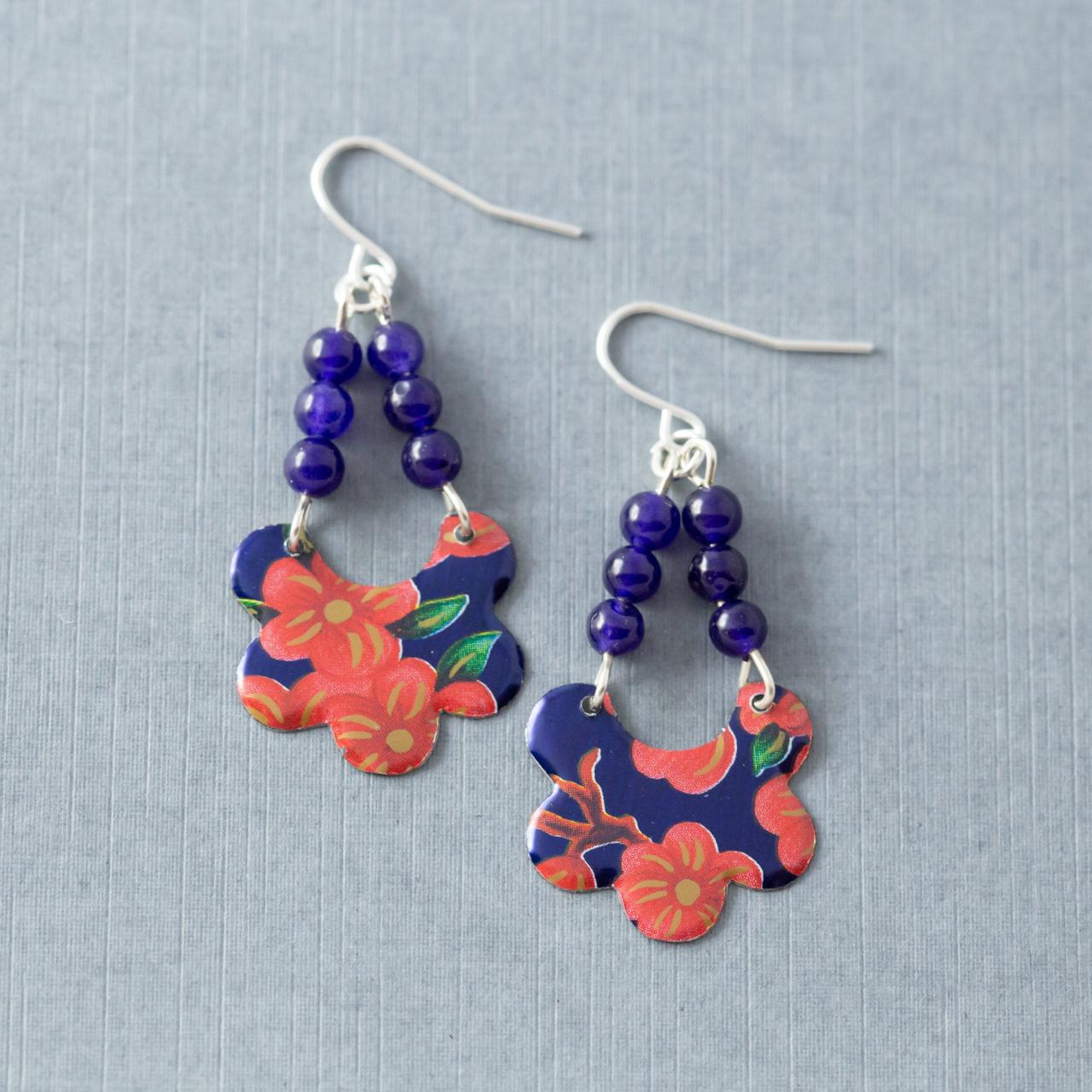 Dark Blue & Pink Flower Earrings, Tin Earrings, Floral Earrings, Boho Earrings, Tin Jewelry, Bohemian Earrings