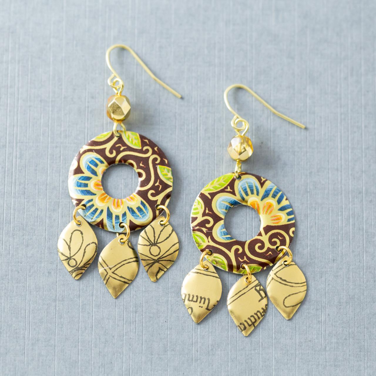 Colorful Boho Flower Earrings, Tin Earrings, Chandelier Earrings, Tin Jewelry, Bohemian Jewelry