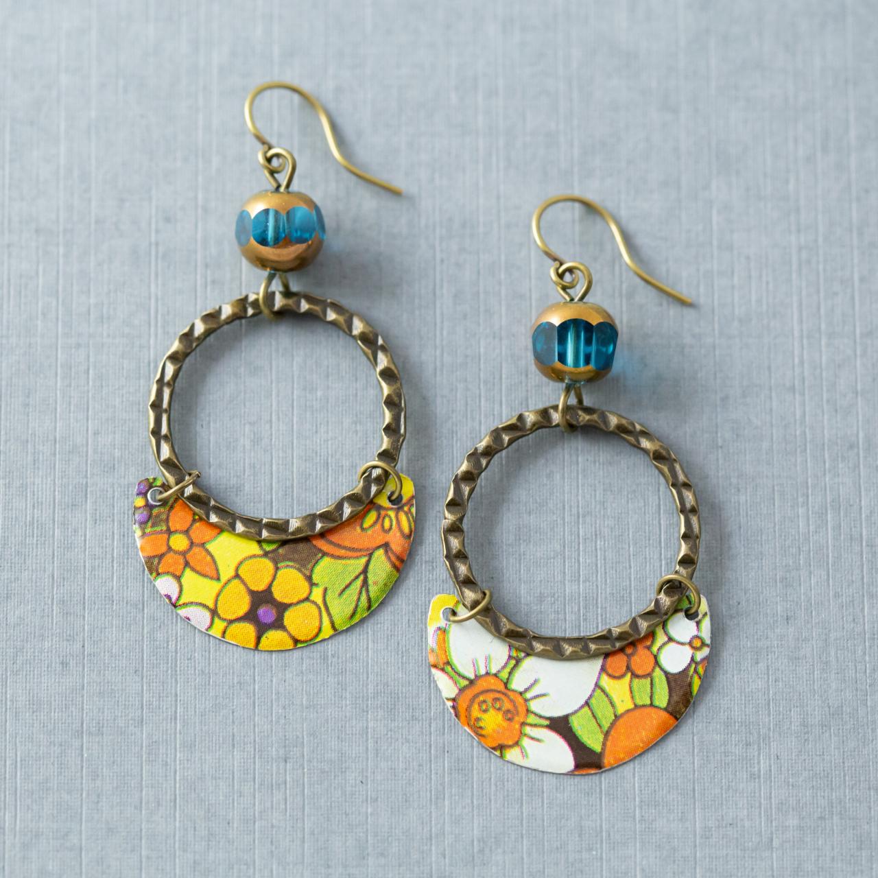 Semicircle Hoop Earrings, Floral Earrings, Hippie Earrings, Flower Earrings, Colorful Jewelry, Tin Jewelry, Antiqued Brass Earrings