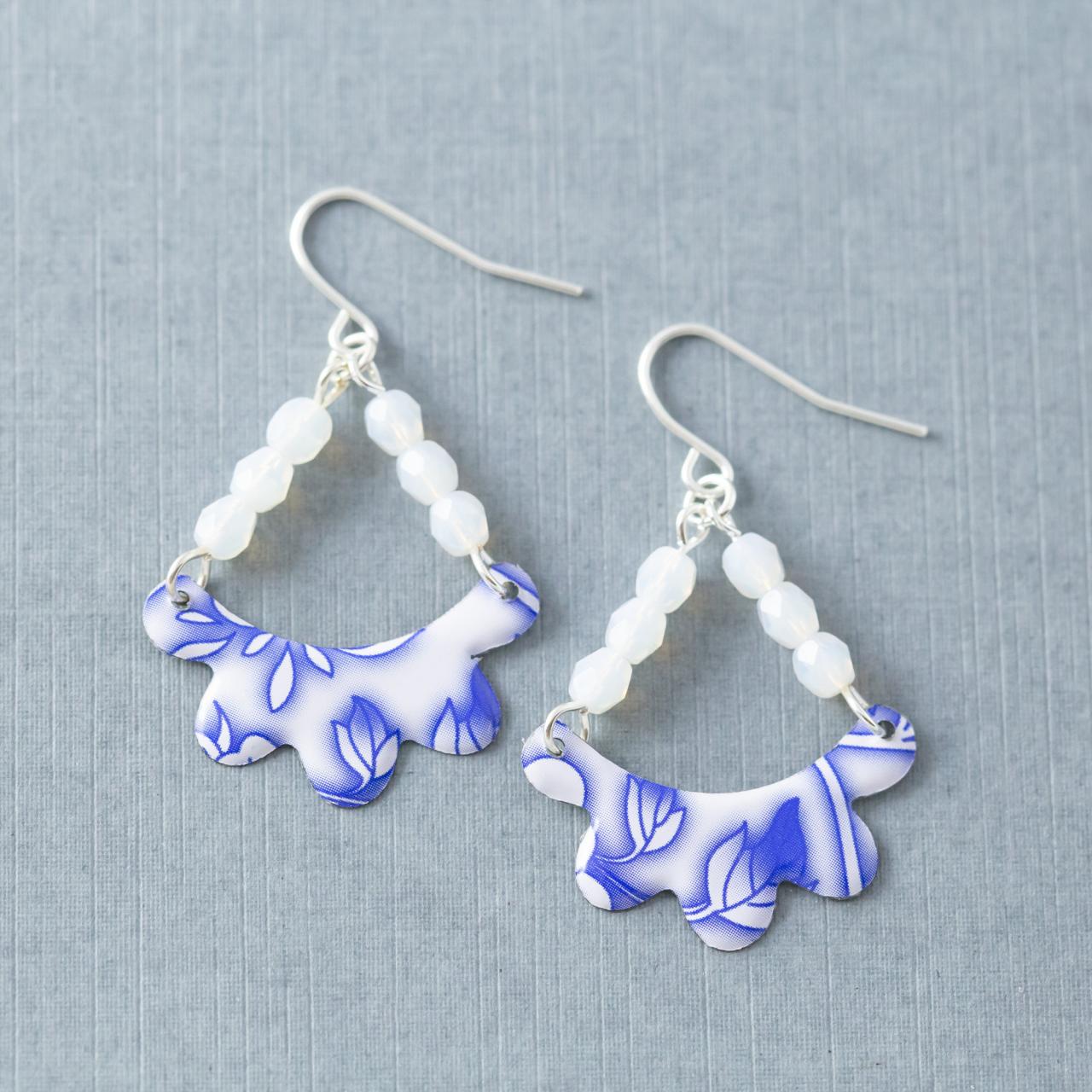 Blue & White Floral Earrings, Tea Tin Earrings, Boho Earrings, Beaded Tin Earrings, Tin Jewelry, Bohemian Jewelry