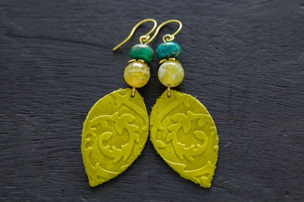 Green Leather Leaf Earrings With Yellow And Turquoise Beads, Leather Leaf Earrings, Leather Jewelry, Boho Chic Jewelry