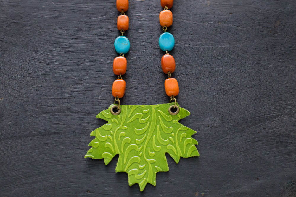 Colorful Leather Maple Leaf Necklace With Orange And Turquoise Beads And Antique Brass Chain, Leather Leaf Necklace, Bib Necklace