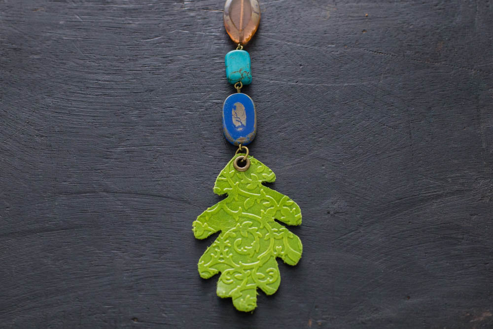 Green Oak Leaf Necklace With Colorful Beads And Antique Brass Chain, Leather Leaf Necklace, Leather Jewelry