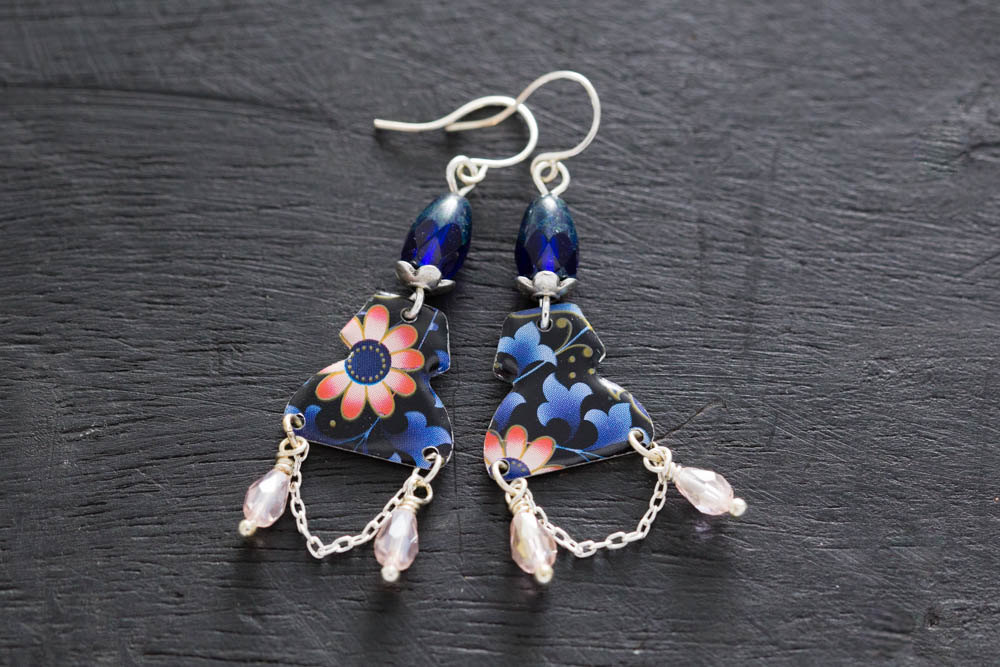 Blue And Pink Flower Earrings With Vintage Tin And Czech Beads, Unusual Bohemian Chic Jewelry, Recycled Earrings, Chandelier Earrings