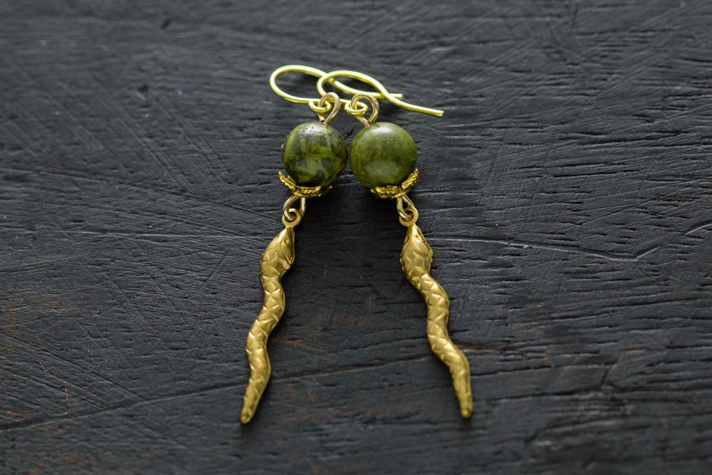 Snake Earrings, Green And Gold Earrings, Serpent Earrings, Snake Jewelry, Serpent Jewelry, Green Jasper Earrings.