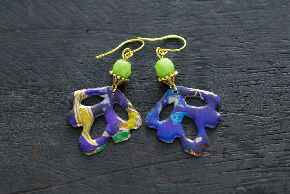Purple Leaf Earrings With Chartreuse Green Beads And Gold Tone Findings, Vintage Tin Dangle Earrings, Leaf Jewelry, Nature Inspired