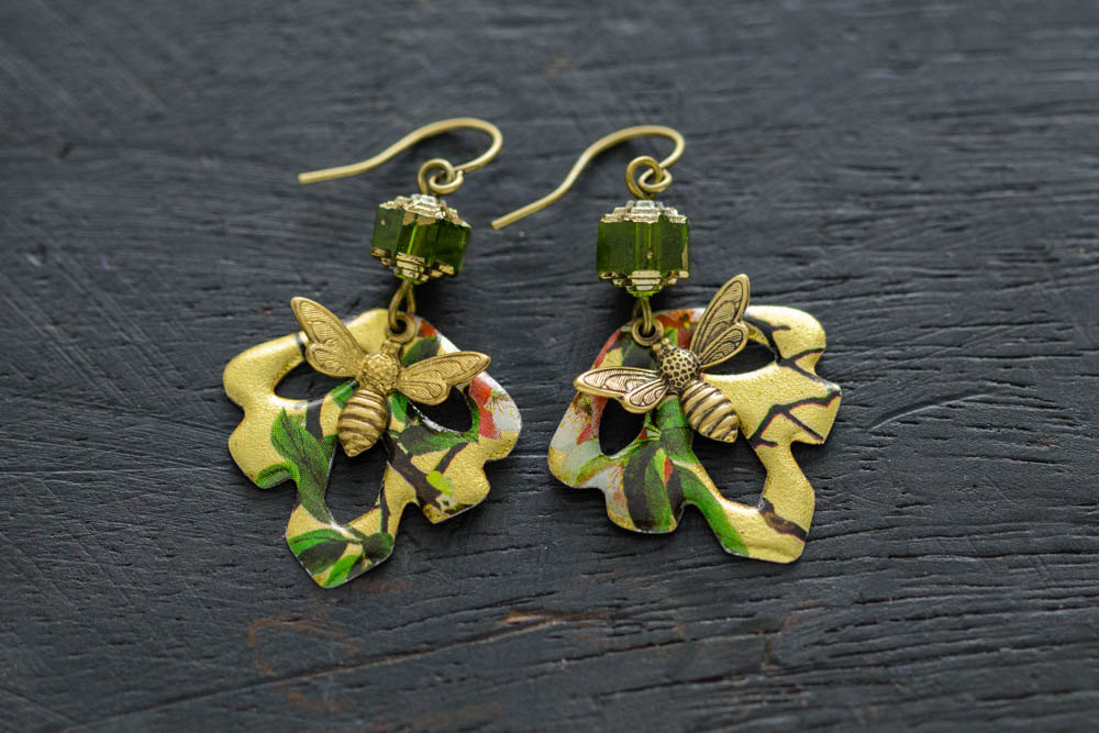 Colorful Vintage Tin Dangle Leaf And Bumble Bee Earrings With Green Glass Beads And Antique Brass Findings, Bumble Bee Jewelry.