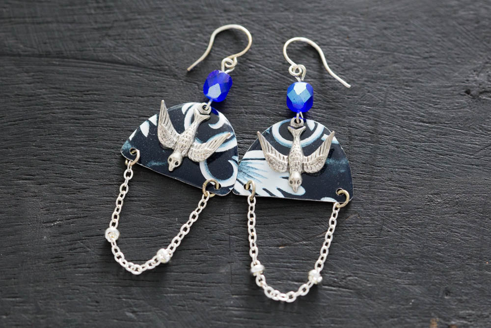 Blue Half Circle Earrings, Cobalt Blue Silver Bird Charm Earrings With Vintage Tin And Chains, Unique Handmade Jewelry Half Circle Earrings.