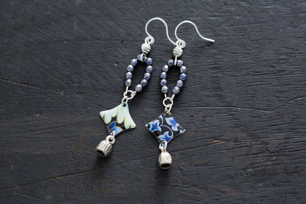 Blue Bell Earrings With Decorative Vintage Tin And Bell Shaped Bohemian Charms, Unique Gifts For Women, Bell Jewelry, Long Earrings.