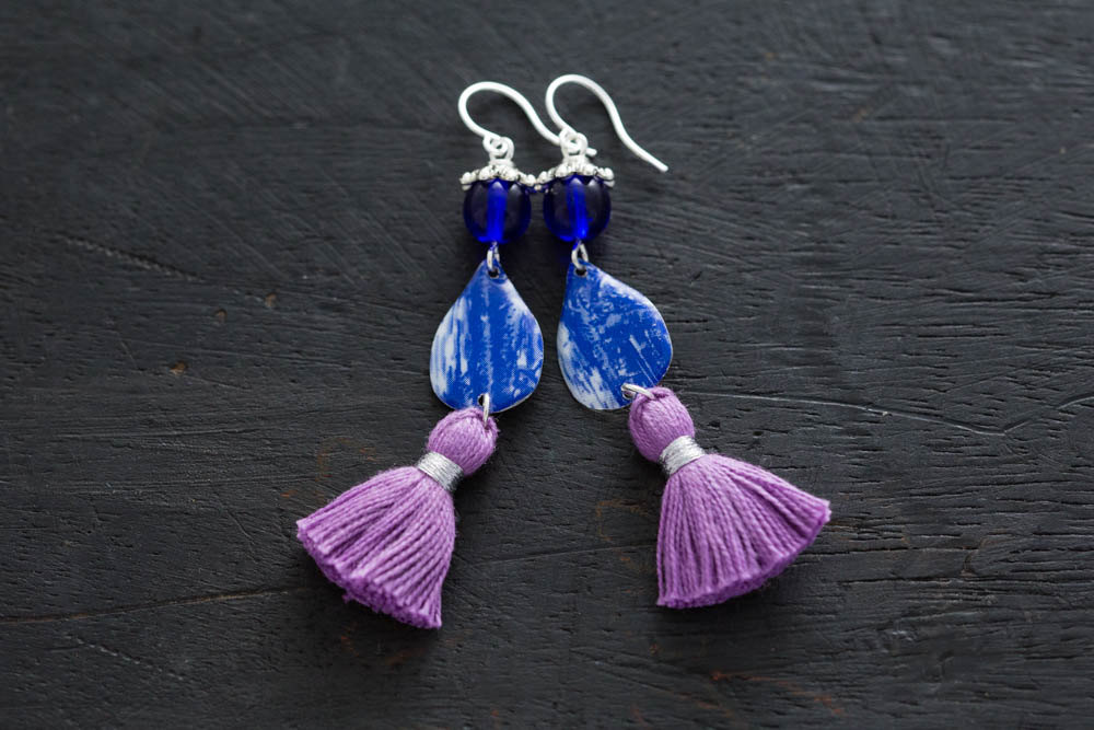Blue And Purple Tassel Earrings With Vintage Tin, Teardrop Earrings, Tassel Jewelry, Bohemian Earrings.