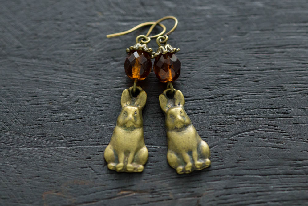 Antique Brass Woodland Rabbit Earrings, Bunny Earrings, Dangle Earrings, Bunny Rabbit Earrings, Woodland Jewelry.