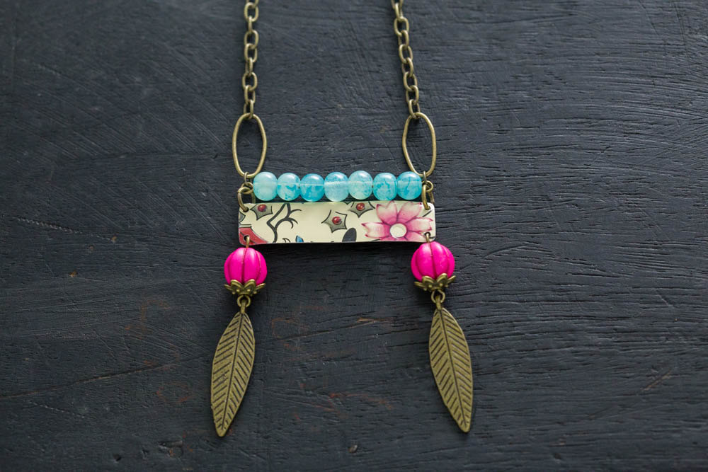 Colorful Pink And Blue Tribal Necklace With Vintage Tin And Feather Charms, Feather Necklace, Ladder Necklace, Bar Necklace, Boho Jewelry.
