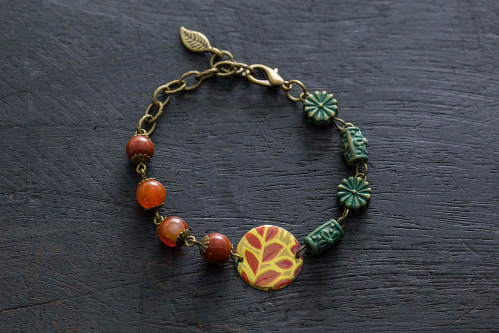 Earthy Woodland Bracelet With Vintage Tin, Leaf Charm, And Verdigris Look Beads, Leaf Bracelet, Vintage Tin Jewelry, Nature Jewelry