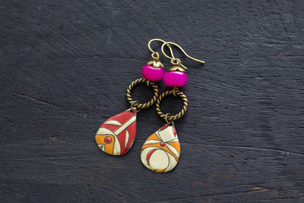 Pink And Orange Drop Earrings With Vintage Tin Teardrops, Orange Teardrop Earrings, Boho Chic Jewelry