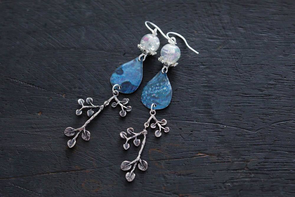 Blue Teardrop Vine Earrings With Vintage Tin And Silver Blue Beads, Nature Earrings, Branch Earrings, Tree Earrings, Blue Earrings