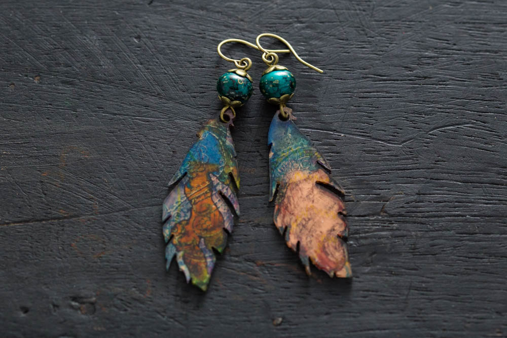 Hand Painted Recycled Plastic Earrings With Gold Specked Teal Beads, Recycled Earrings, Eco Friendly Earrings, Feather Earrings
